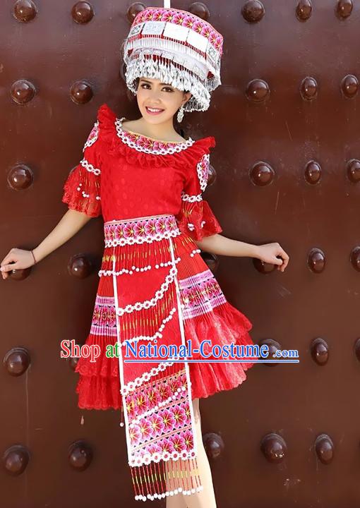 Hmong Women Minority Dresses Miao Girls Clothing Ethnic Miao Minority Dance Costume Minority Dress Dance Miao Costumes and Hat Complete Set