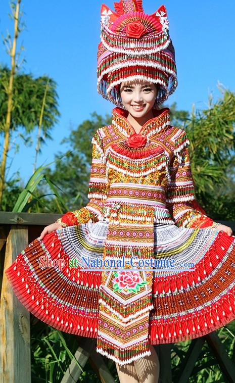 Hmong Women Minority Dresses Miao Girls Clothing Ethnic Miao Minority Dance Costume Minority Dress Dance Miao Costumes and Hat Complete Set