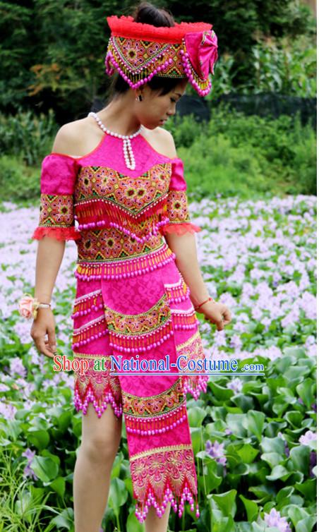 Hmong Women Minority Dresses Miao Girls Clothing Ethnic Miao Minority Dance Costume Minority Dress Dance Miao Costumes and Hat Complete Set