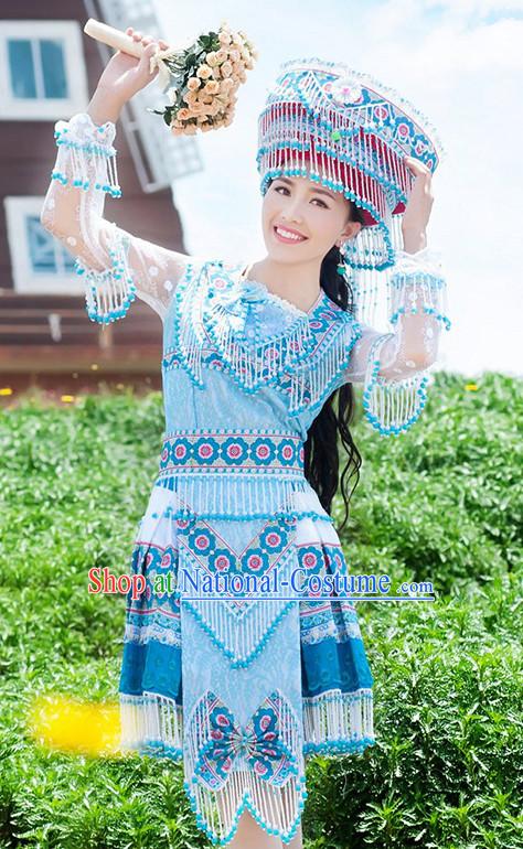 Hmong Women Minority Dresses Miao Girls Clothing Ethnic Miao Minority Dance Costume Minority Dress Dance Miao Costumes and Hat Complete Set