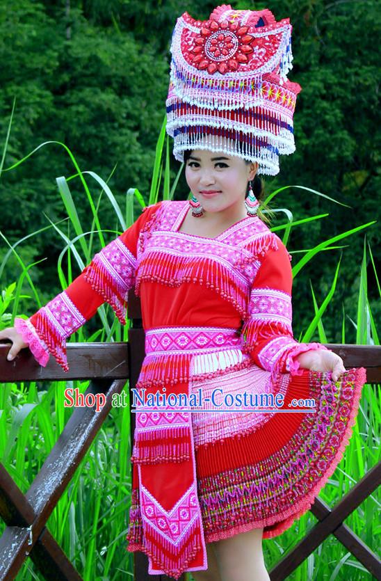 Hmong Women Minority Dresses Miao Girls Clothing Ethnic Miao Minority Dance Costume Minority Dress Dance Miao Costumes and Hat Complete Set