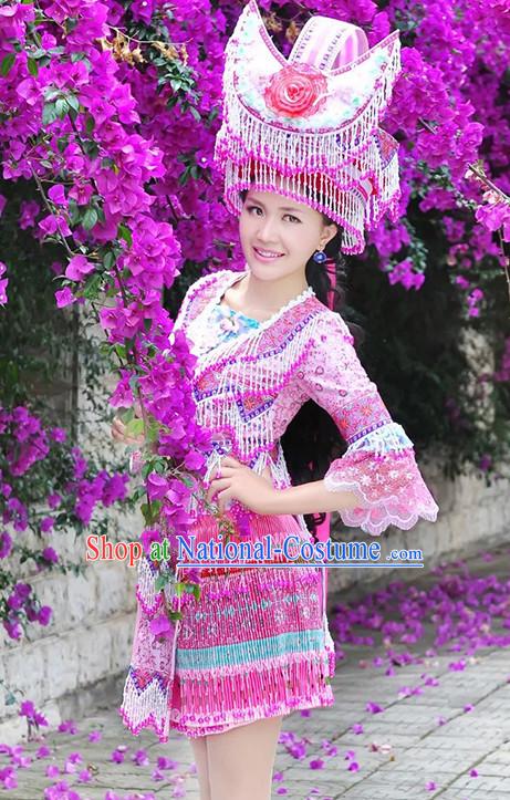 Hmong Women Minority Dresses Miao Girls Clothing Ethnic Miao Minority Dance Costume Minority Dress Dance Miao Costumes and Hat Complete Set