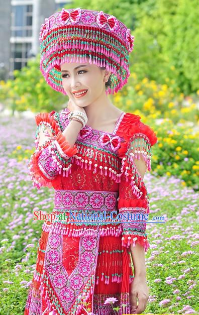 Hmong Women Minority Dresses Miao Girls Clothing Ethnic Miao Minority Dance Costume Minority Dress Dance Miao Costumes and Hat Complete Set