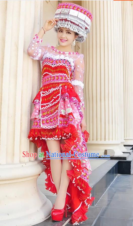 Hmong Women Minority Dresses Miao Girls Clothing Ethnic Miao Minority Dance Costume Minority Dress Dance Miao Costumes and Hat Complete Set