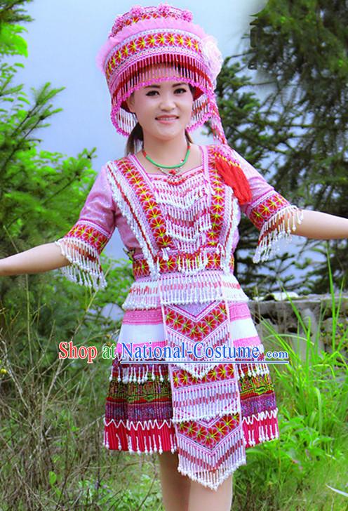 Hmong Women Minority Dresses Miao Girls Clothing Ethnic Miao Minority Dance Costume Minority Dress Dance Miao Costumes and Hat Complete Set