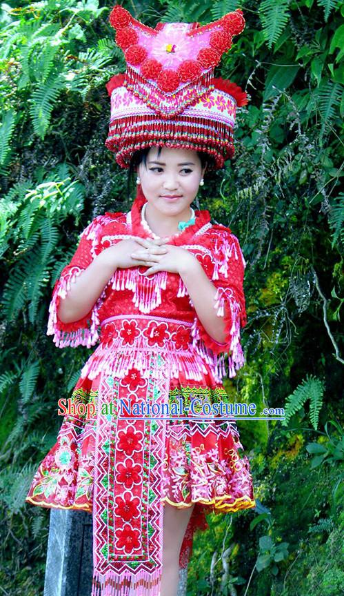 Hmong Women Minority Dresses Miao Girls Clothing Ethnic Miao Minority Dance Costume Minority Dress Dance Miao Costumes and Hat Complete Set