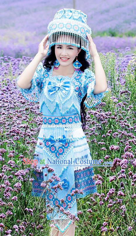 Hmong Women Minority Dresses Miao Girls Clothing Ethnic Miao Minority Dance Costume Minority Dress Dance Miao Costumes and Hat Complete Set