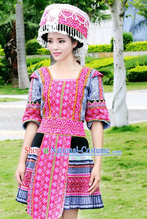 Hmong Women Minority Dresses Miao Girls Clothing Ethnic Miao Minority Dance Costume Minority Dress Dance Miao Costumes and Hat Complete Set