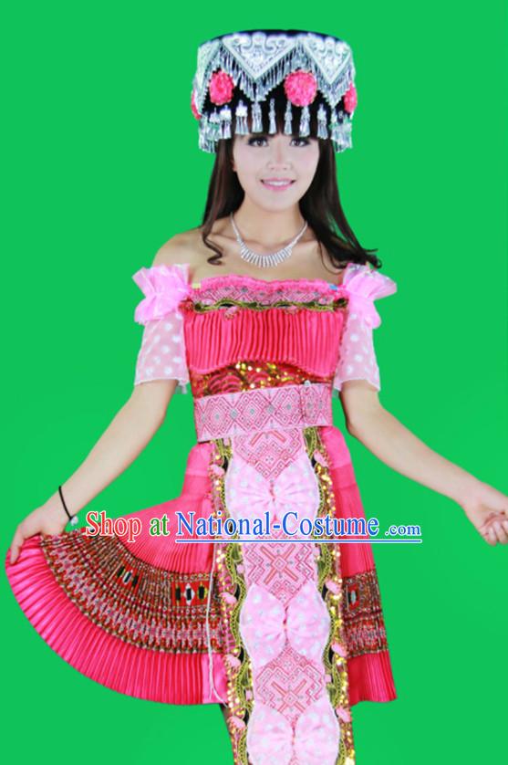 Hmong Women Minority Dresses Miao Girls Clothing Ethnic Miao Minority Dance Costume Minority Dress Dance Miao Costumes and Hat Complete Set