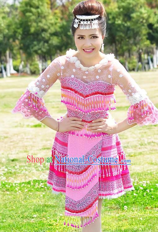 Hmong Women Minority Dresses Miao Girls Clothing Ethnic Miao Minority Dance Costume Minority Dress Dance Miao Costumes and Hat Complete Set