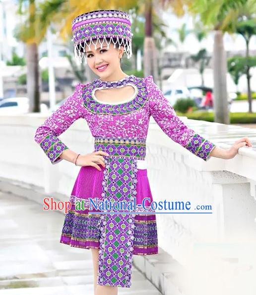 Hmong Women Minority Dresses Miao Girls Clothing Ethnic Miao Minority Dance Costume Minority Dress Dance Miao Costumes and Hat Complete Set