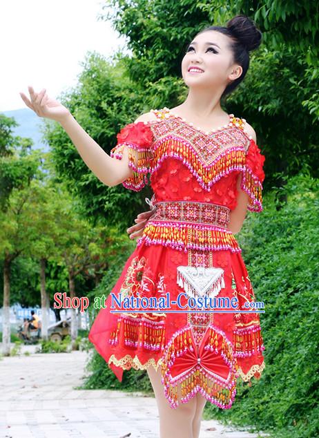 Hmong Women Minority Dresses Miao Girls Clothing Ethnic Miao Minority Dance Costume Minority Dress Dance Miao Costumes and Hat Complete Set