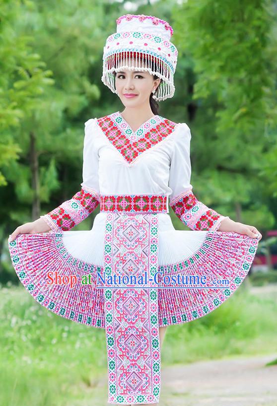 Hmong Women Minority Dresses Miao Girls Clothing Ethnic Miao Minority Dance Costume Minority Dress Dance Miao Costumes and Hat Complete Set