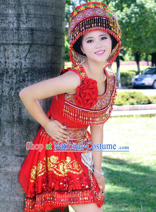 Hmong Women Minority Dresses Miao Girls Clothing Ethnic Miao Minority Dance Costume Minority Dress Dance Miao Costumes and Hat Complete Set