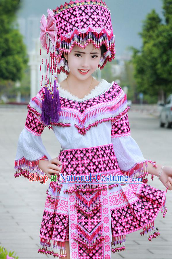 Hmong Women Minority Dresses Miao Girls Clothing Ethnic Miao Minority Dance Costume Minority Dress Dance Miao Costumes and Hat Complete Set