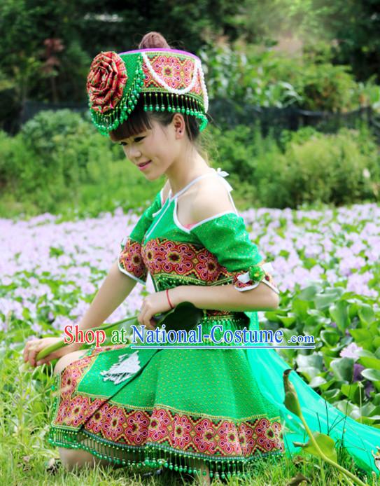 Hmong Women Minority Dresses Miao Girls Clothing Ethnic Miao Minority Dance Costume Minority Dress Dance Miao Costumes and Hat Complete Set