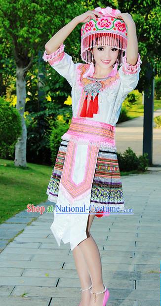 Hmong Women Minority Dresses Miao Girls Clothing Ethnic Miao Minority Dance Costume Minority Dress Dance Miao Costumes and Hat Complete Set