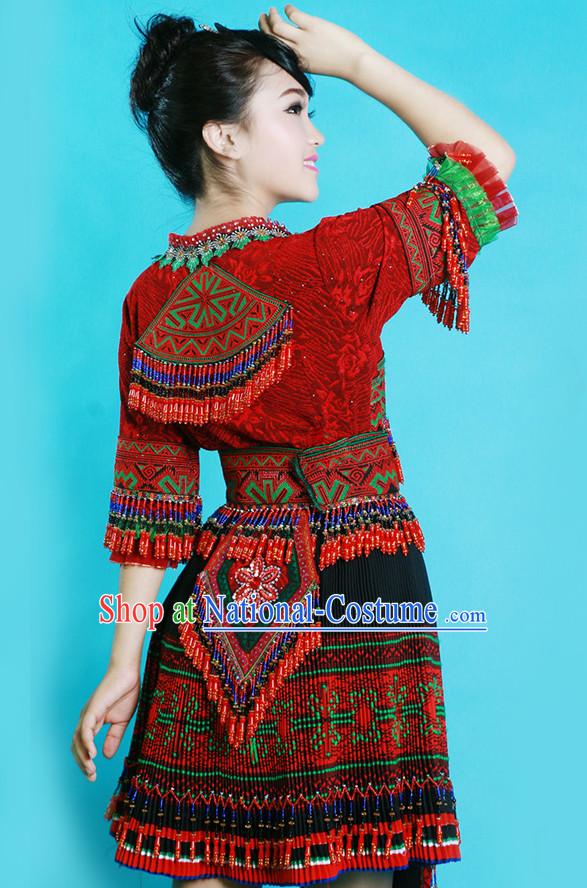 Hmong Women Minority Dresses Miao Girls Clothing Ethnic Miao Minority Dance Costume Minority Dress Dance Miao Costumes and Hat Complete Set