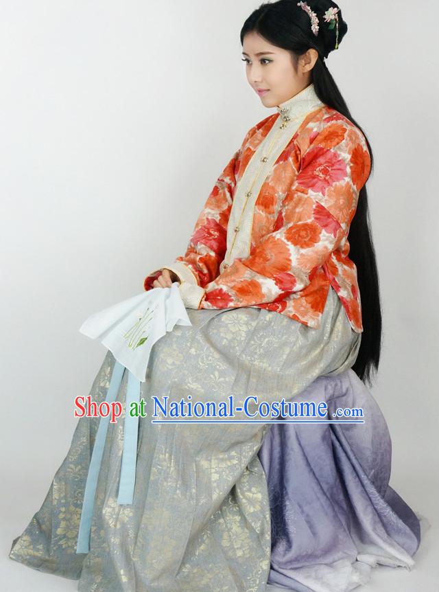 Ancient Chinese Ming Dynasty Beauty Hanfu Costumes and Hair Jewelry Complete Set for Women