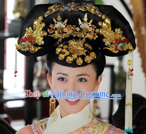 Traditional Chinese Women Qing Empress Headpiece Princess Headdress Palace Hair Decorations Royal Hair Sticks Head Gear Hair Decoration Set