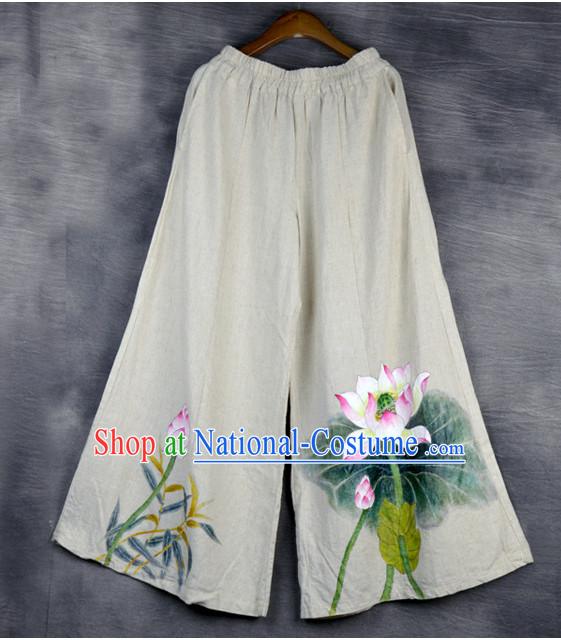 Chinese Classical Hands Painted Lotus Pants