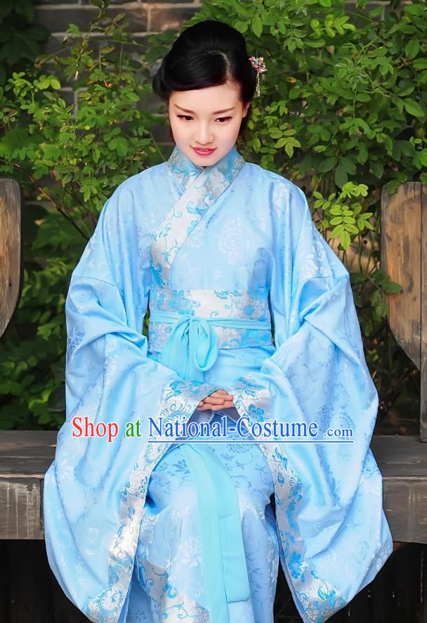 Blue Ancient Chinese Han Dynasty Dresses Hanfu Wedding Dress Hanbok Kimono Complete Set for Women