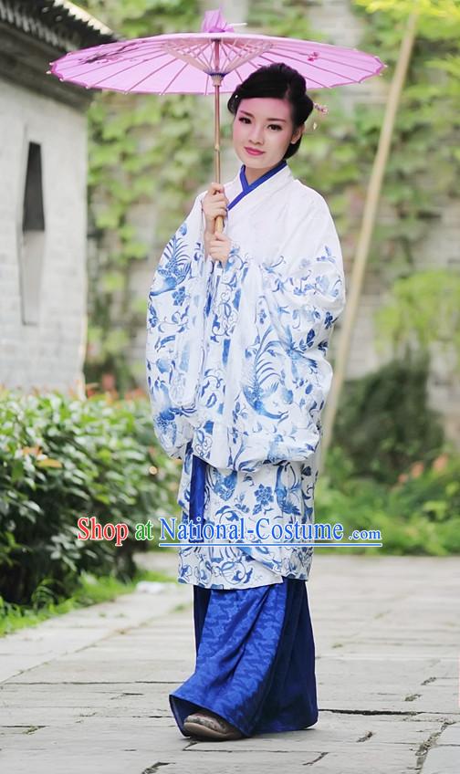 White Blue Ancient Chinese Han Dynasty Dresses Hanfu Quju Clothing Hanbok Kimono Complete Set for Women