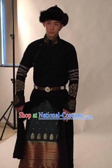 Qing Dynasty Manchu Chinese Aristocrat Clothing and Coronet Headwear Complete Set for Men