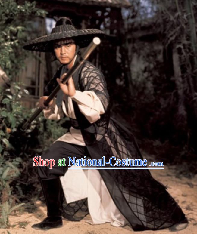 Chinese Ancient Swordsman Clothing Knight Costumes and Bamboo Hat Complete Set for Men