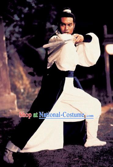 Chinese Ancient Jade Tiger Swordsman Clothing Knight Costumes and Bamboo Hat Complete Set for Men