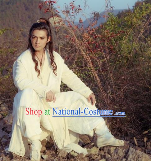 Ancient Chiinese Knight Samurai Costumes White Hanfu Clothing for Men