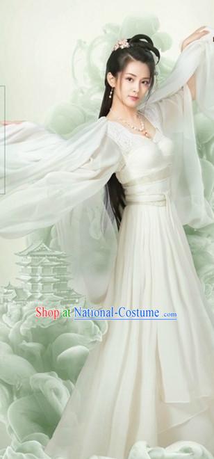 White Ancient Chinese Female Fairy Clothes Costumes Clothing and Hair Accessories Complete Set for Women