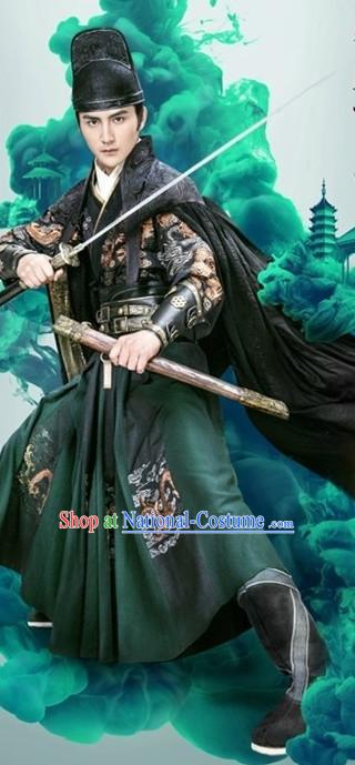 Ancient Chinese Ming Dynasty Knight Swordsman Clothes Costumes Clothing and Hat Complete Set for Men