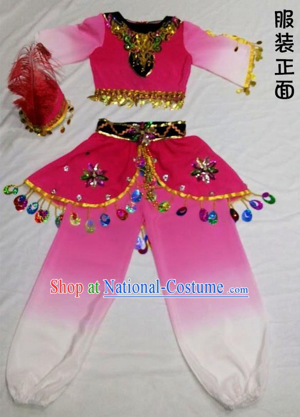 Traditional Chinese Yangge, Children Fan Dancing Wholesale Costume, Folk Dance Yangko Costume, Traditional Chinese Uyghur Nationality Dancewear for Kids