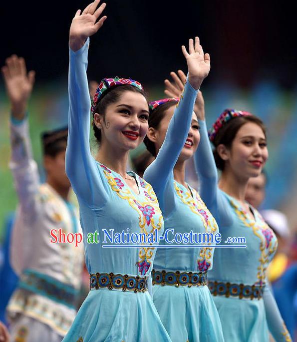 Traditional Chinese Yangge, Fan Dancing Wholesale Costume, Folk Dance Yangko Dance Costume, Traditional Chinese Uyghur Nationality Drums Dancewear for Women