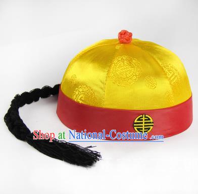 Chinese Ancient Swordsman Long Wig Set, Traditional Chinese Qing Dynasty Hats Wig Hoods for Men