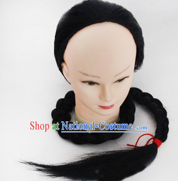 Chinese Ancient Swordsman Long Wig Set, Traditional Chinese Qing Dynasty Hats Wig Hoods for Men