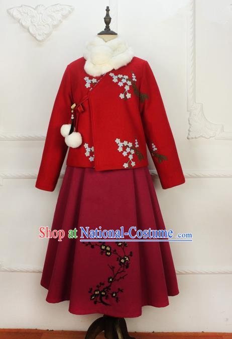 Traditional Classic Women Clothing, Traditional Chinese Classic Woolen Dress Embroidered Pleated Skirt, Chinese Han Dynasty Restoring Ancient Wool Long Skirt for Women