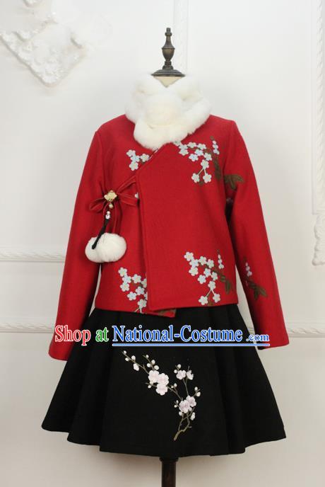 Traditional Classic Women Clothing, Traditional Chinese Classic Woolen Dress Embroidered Pleated Skirt, Chinese Han Dynasty Restoring Ancient Wool Short Skirt for Women