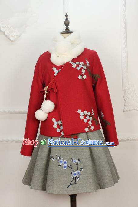 Traditional Classic Women Clothing, Traditional Chinese Classic Woolen Dress Embroidered Pleated Skirt, Chinese Han Dynasty Restoring Ancient Wool Short Skirt for Women