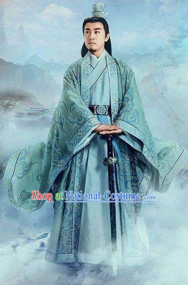 Traditional Chinese Ancient Old Men Embroidered Costumes, Ancient Chinese Cosplay Swordsmen Knight Costume Complete Set for Men