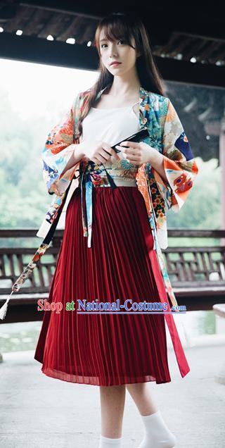 Traditional Japanese Restoring Ancient Kimono Costume, China Kimono Pleated Skirt Chiffon Long Dress for Women