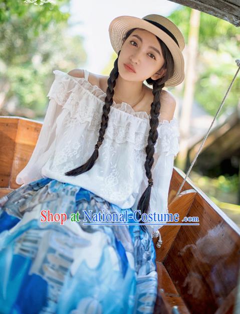 Traditional Classic Elegant Women Costume Lace White Collar Dew Shoulder Blouse, Restoring Ancient Princess Boat Neck Shirt for Women