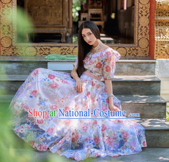 Traditional Classic Elegant Women Costume One-Piece Dress, Restoring Ancient Princess Printed organza Long Dress for Women