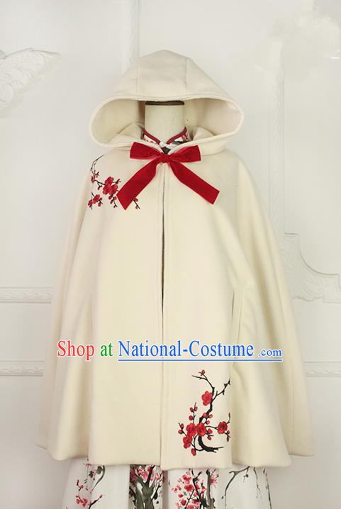 Traditional Classic Chinese Elegant Women Costume Hanfu Woolen Cloak, Restoring Ancient Embroider Plum Blossom Cape for Women