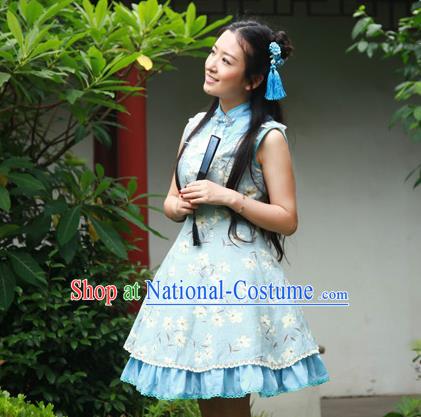 Traditional Classic Chinese Elegant Women Costume One-Piece Signature Cotton Dress, Restoring Ancient Princess Stand Collar Dress for Women