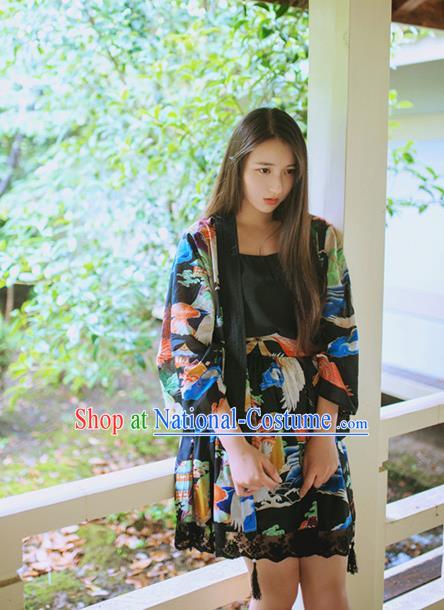 Traditional Japanese Restoring Ancient Kimono Costume Crane Smock, China Modified Short Cardigan for Women