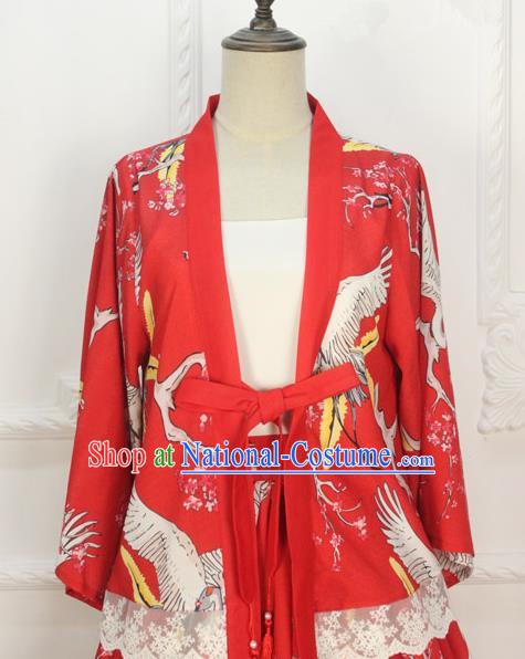 Traditional Japanese Restoring Ancient Kimono Costume Crane Smock, China Red Modified Short Cardigan Jacket for Women