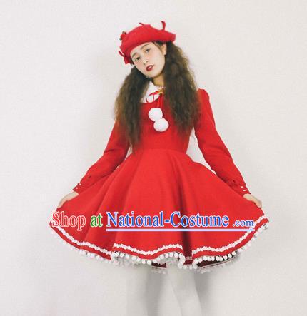 Traditional Classic Elegant Women Costume Woolen One-Piece Dress, Restoring Ancient Princess Red Skirt for Women