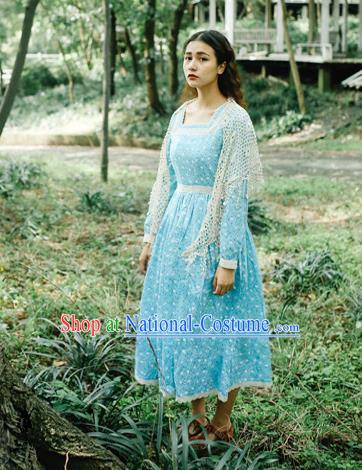 Traditional Classic Elegant Women Costume Lace One-Piece Dress, Restoring Ancient Princess Wave Point Long-Sleeved Lace Dress for Women